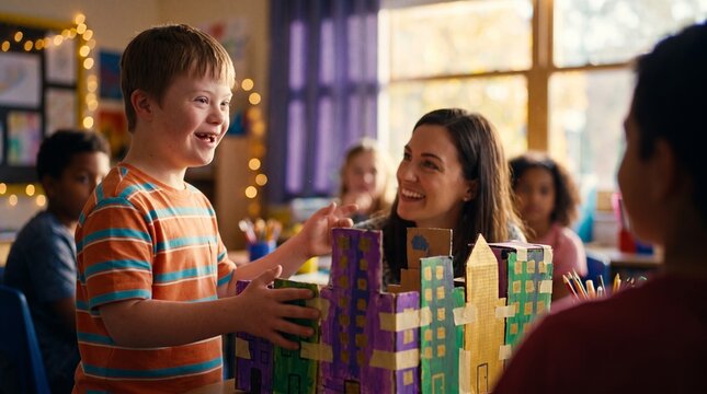 White boy with Down syndrome showing cardboard city in classroom