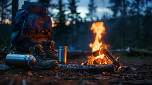 Cozy Forest Campsite with Glowing Campfire and Tent at Sunset