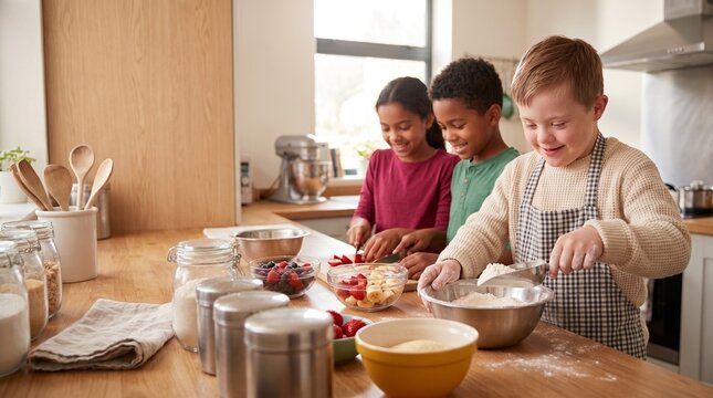 White boy with Down syndrome baking with diverse children in kitchen