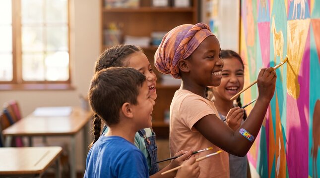 Diverse children painting colorful mural together in classroom