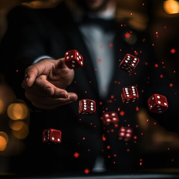 Casino man throws dice; night; blurred lights; gambling