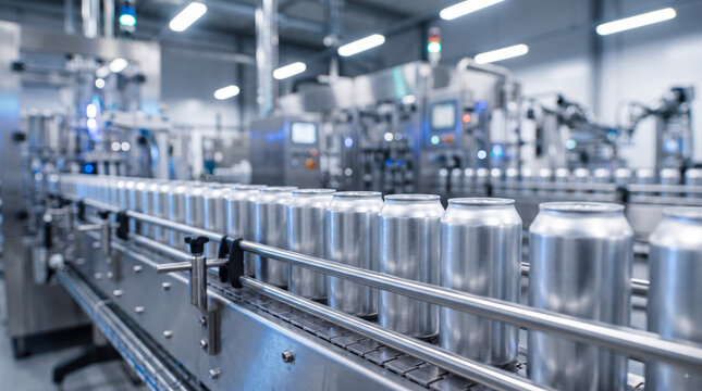 Automatic aluminum beverage cans moving on a production line in a modern beverage manufacturing factory with high-tech industrial machinery and conveyor system