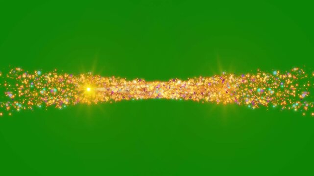 Magic sparkle glitter trail with golden glowing doodle stars, white twinkling fairy dust, shining star line transition on green background, 4K