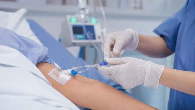 Healthcare Professional Administering IV Therapy to Patient in Hospital Setting with Modern Medical Equipment and Compassionate Care