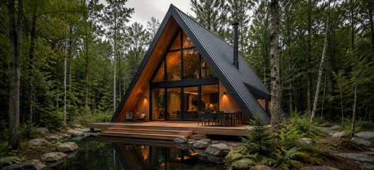 Fototapeta premium Modern A-frame cabin with expansive glass facade and warm interior lighting on a wooden deck overlooking a reflective pond surrounded by dense mossy forest at dusk