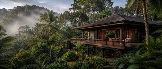 Obraz premium Elevated wooden tropical villa with panoramic deck and open air lounge overlooking a rainforest canopy at sunrise, a secluded luxury retreat immersed in misty jungle landscape.