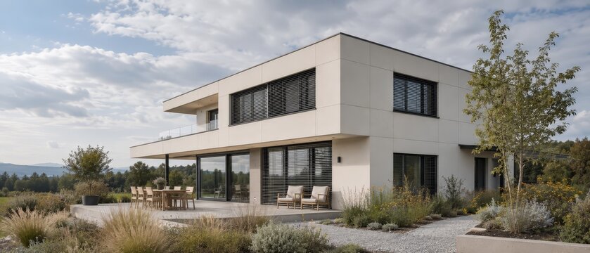 Modern minimalist two-story villa with expansive terrace, outdoor dining and lounge, large windows and clean facade, set within landscaped garden, gravel path and trees