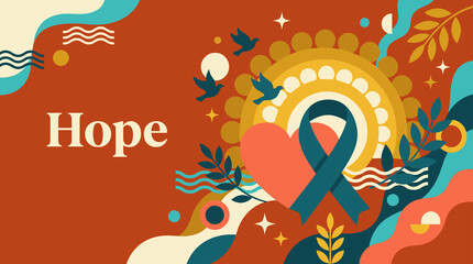 Naklejka premium Hope Concept Illustration with Awareness Ribbon and Floral Abstract Design 
