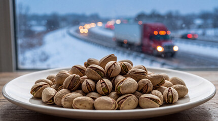 Obraz premium A pile of roasted pistachios in shells on a white ceramic plate sitting on a windowsill with a blurred winter highway and moving truck in the background