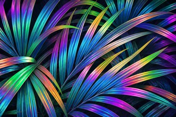 Obraz premium Tropical palm leaves displaying iridescent rainbow colors closeup