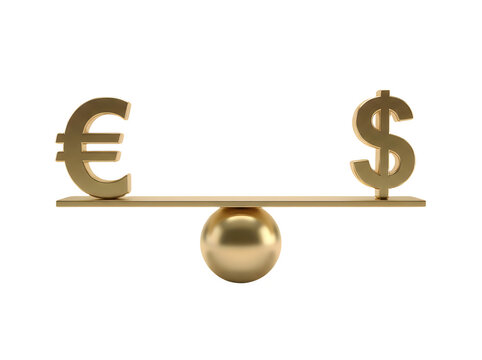 Golden euro and dollar currency symbols on a balance scale isolated on transparent background