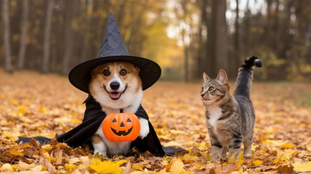Corgi dog dressed as witch with pumpkin bucket stands with cat on autumn leaves.