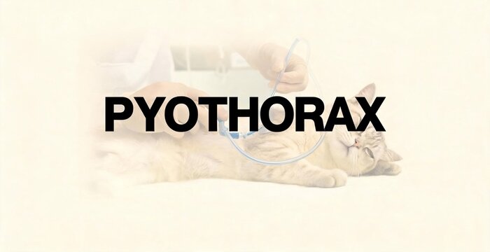 Pyothorax disease text overlay on an image of a cat undergoing examination with a medical instrument.