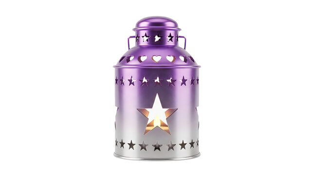 Purple metal lantern with star and heart cutouts isolated on transparent background