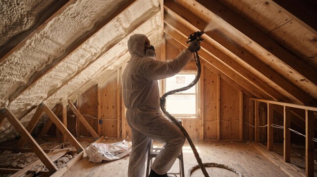 Construction Worker Applying Spray Foam Insulation in an Attic Providing Thermal Efficiency and Energy Savings for Homeowners