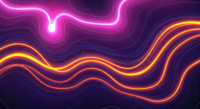 Abstract flowing neon light streaks on a dark textured surface creates a dynamic motion effect