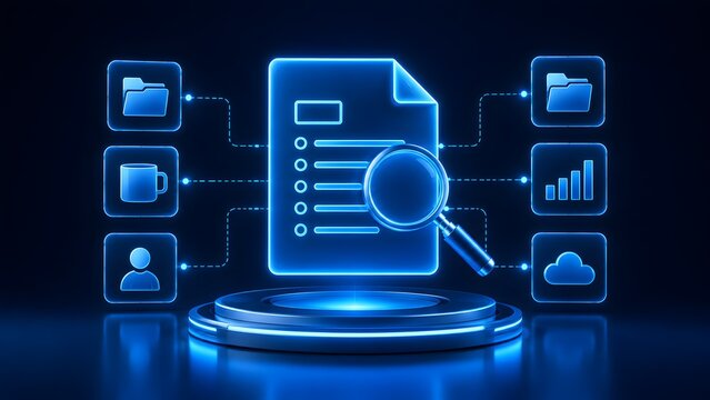 Futuristic neon blue digital document with magnifying glass and connected interface icons representing electronic file management auditing and data search system