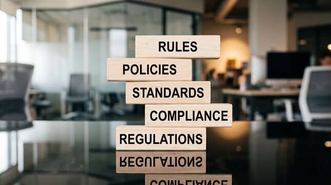 Wooden blocks with text Rules, Policies, Standards, Compliance, Regulations stacked on a dark office desk, professional corporate governance concept, business legal requirements and regulatory