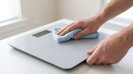 Fototapeta premium Wiping a digital glass bathroom scale with a blue microfiber cloth