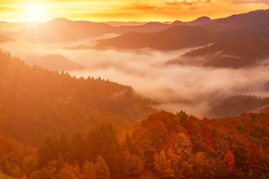Misty autumn mountain landscape at sunrise in Slovenia