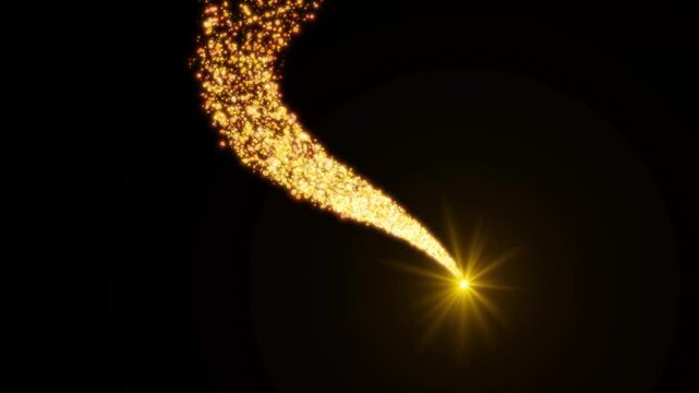 Golden magic particle comets swooshing with lens flare and glitter trail on black background