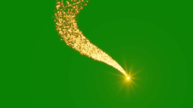 Golden magic particle comets swooshing with lens flare and glitter trail on green background