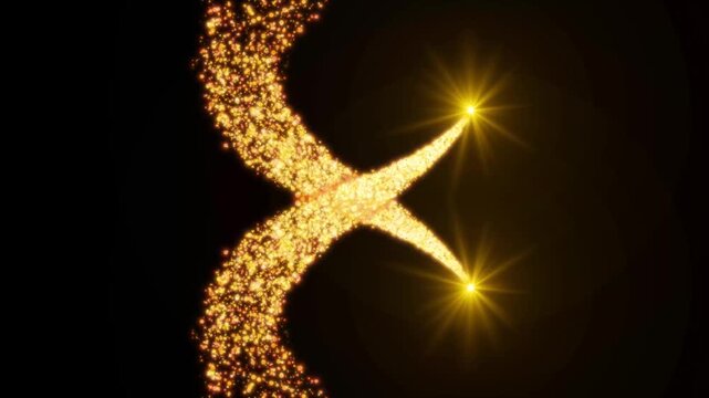 Golden sparkle particle trail moving gracefully with lens flare on black background