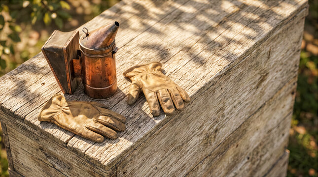Gardening tools including gloves and a watering can rest on weathered wooden table. Natural light creates warm tones in outdoor garden. Concept of gardening, outdoor activities, landscaping