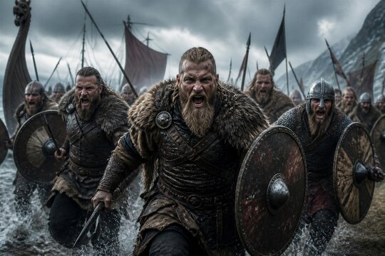 Viking warriors charging ashore on stormy coastal battlefield