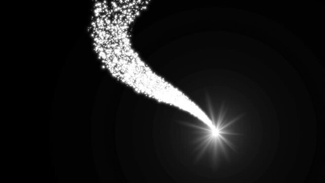 White sparkling particle trails forming abstract loops with bright lens flares on black background