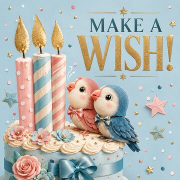 Cute Lovebirds Birthday Cake Celebration Greeting Card With Golden Make Wish Typography
