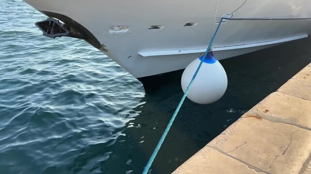 White yacht bow moored at a stone pier with a fender hanging on the side in a calm harbor