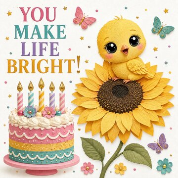 Cheerful Baby Chick Sunflower Birthday Greeting Card Bright Inspirational Typography Design