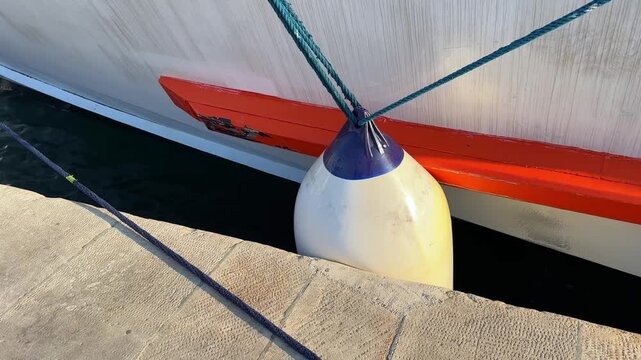 Boat fender hanging between a white boat hull and a stone pier in a harbor