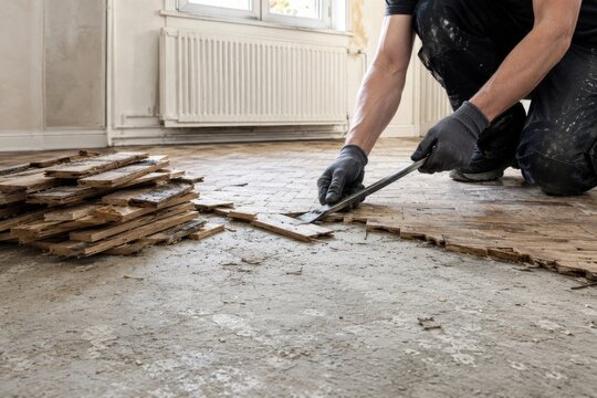 Wood flooring restoration work is taking place in a room during the day