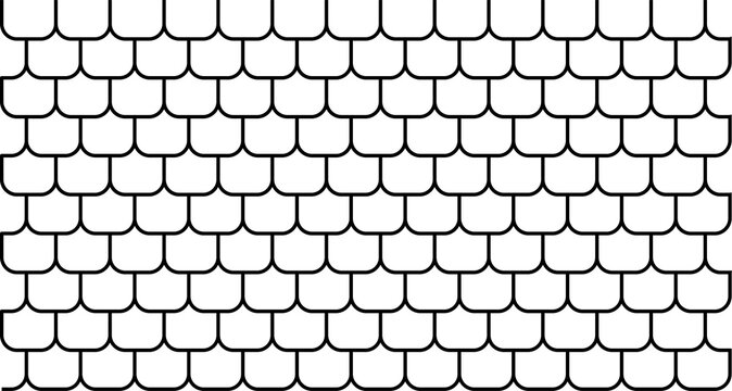 Seamless pattern of roof shingles with a geometric fish scale design in black and white