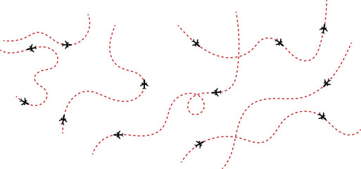 Small black airplanes flying with dashed red travel path lines on a simple design © Md