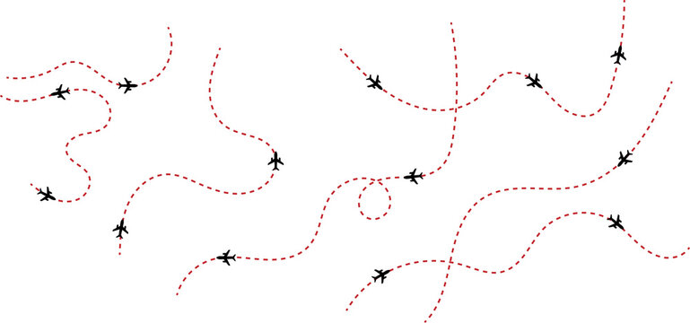 Small black airplanes flying with dashed red travel path lines on a simple design