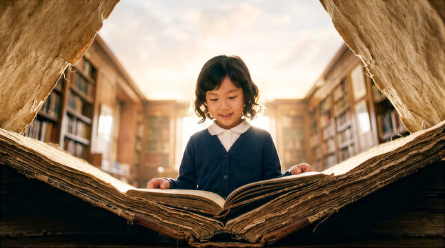 Child smiles while reading a large book in library. Natural light comes from behind, creating warm atmosphere. Concept of education, reading, learning
