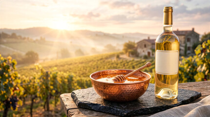 Obraz premium Bowl of honey sits next to bottle of wine on wooden table at sunset. Vineyard stretches in the background with rolling hills. Concept of food pairing, winery, outdoor dining