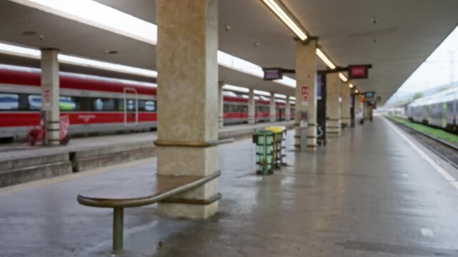 Blurred train platform scene with shallow bokeh and soft defocused pillars, bench and distant trains, station; background backplate copyspace calm.