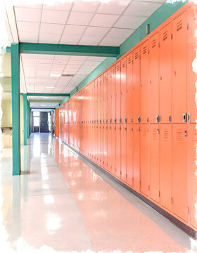 Bright orange school lockers lining a long empty hallway