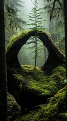 Naklejka premium Mystical forest archway. A mossy, dark, ancient tree trunk forms a natural archway, framing a young tree, in a dense, misty forest. Lush greenery and fog embrace the scene
