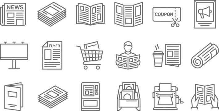 Professional vector illustration set depicting various monochrome printed media icons for modern marketing and advertising projects