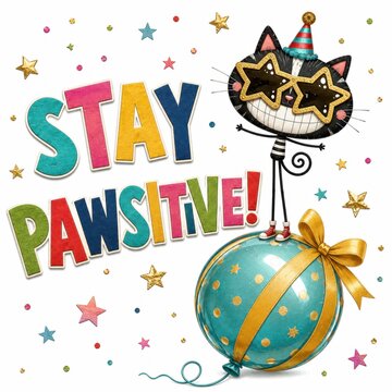 Funny Party Cat Wearing Star Glasses Standing On Giant Birthday Balloon