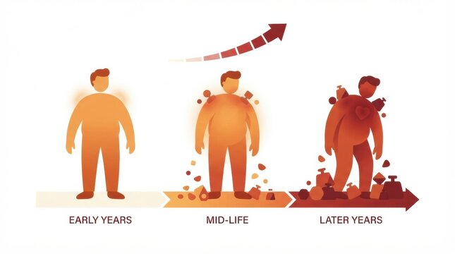 The image shows a progression of stress levels from early years to later years.