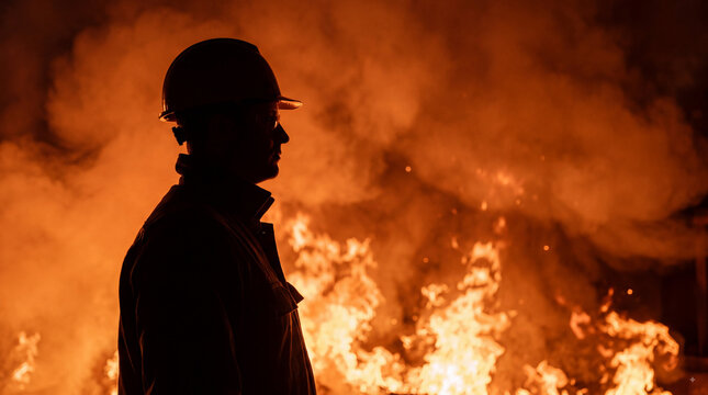 Silhouette of a male worker wearing a hard hat standing in front of a large blazing fire with intense smoke and bright orange flames at night