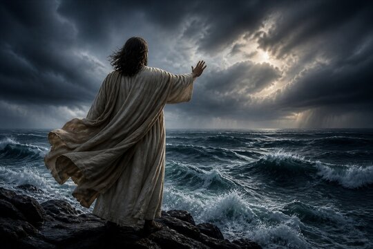 Robed figure raising hand toward stormy sea from rocky shore