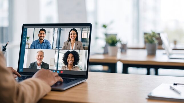 Remote business team participating in a professional online video conference from a modern office workspace