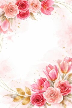 Elegant Watercolor Pink Floral Border Frame With Roses Tulips And Gold Accents